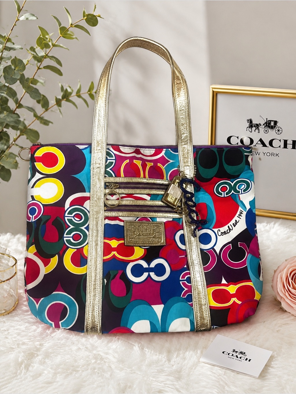 Coach Multicolor Logo Print Tote With Gold Trim